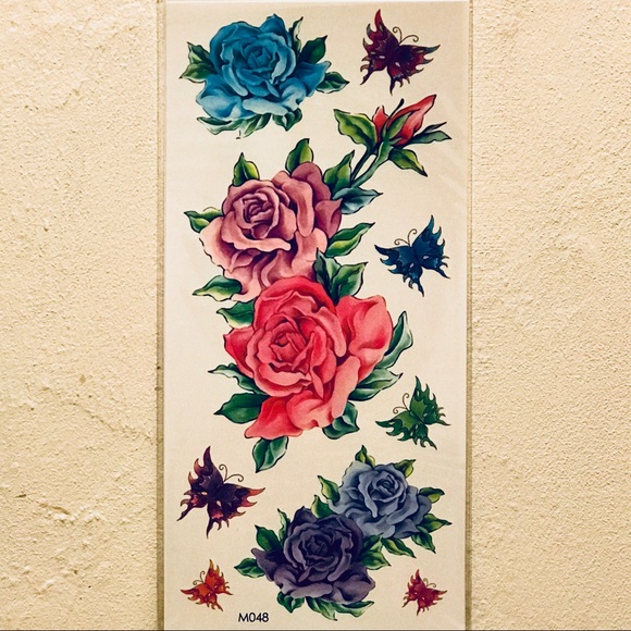 TEMPORARY PINK PURPLE BLUE ROSES BUTTERFLY TATTOOS - Picture 2 of 2